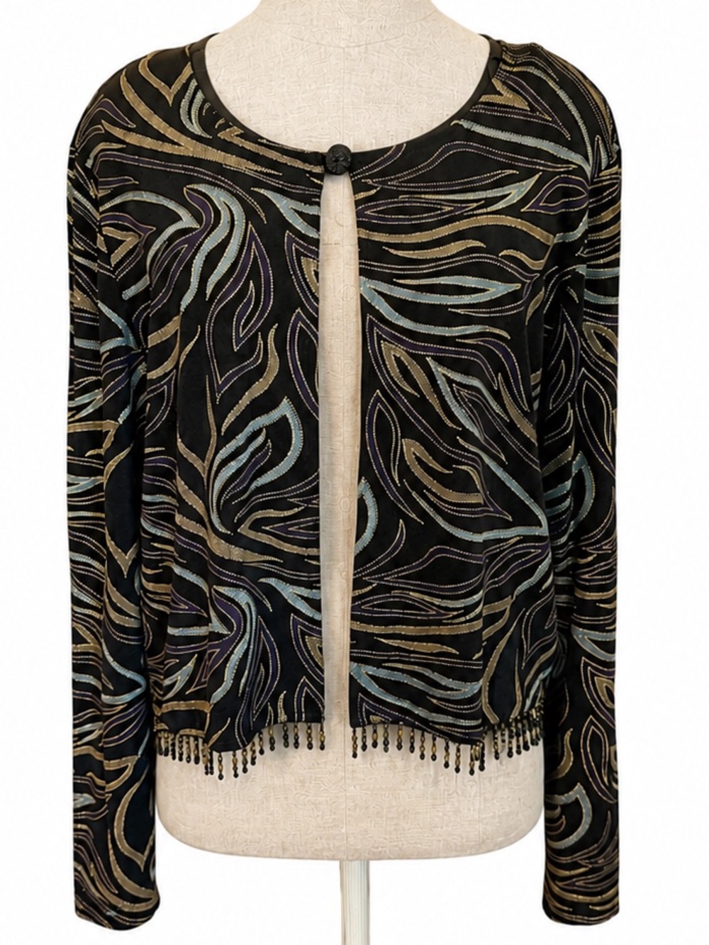 Vintage Social Circles Beaded Bolero Jacket Gold Black Fringe Size 14